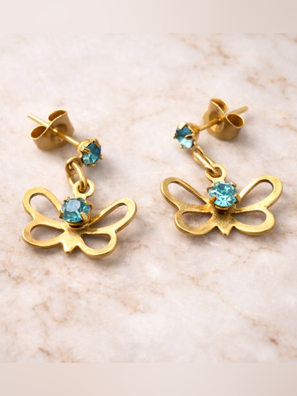Gold Tone Butterfly Dangle Earrings Blue Rhinestone Accent Studs